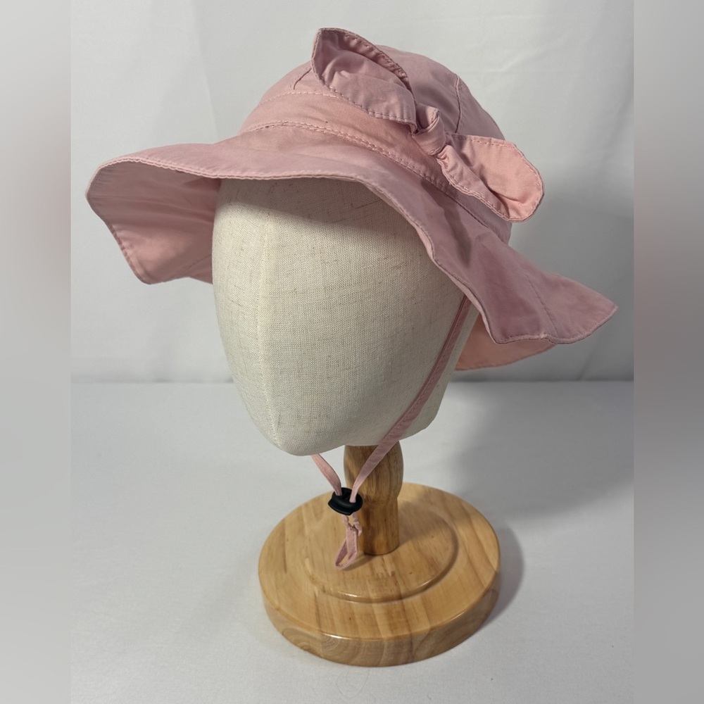 Pink Bucket Sun Hat Adjustable Chinstrap Bow Baby Girls Swim Summer Hat Sz 46